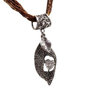 Vintage Torsade Necklace with Chunky Silver Pendant Slide, Pierced Leaf